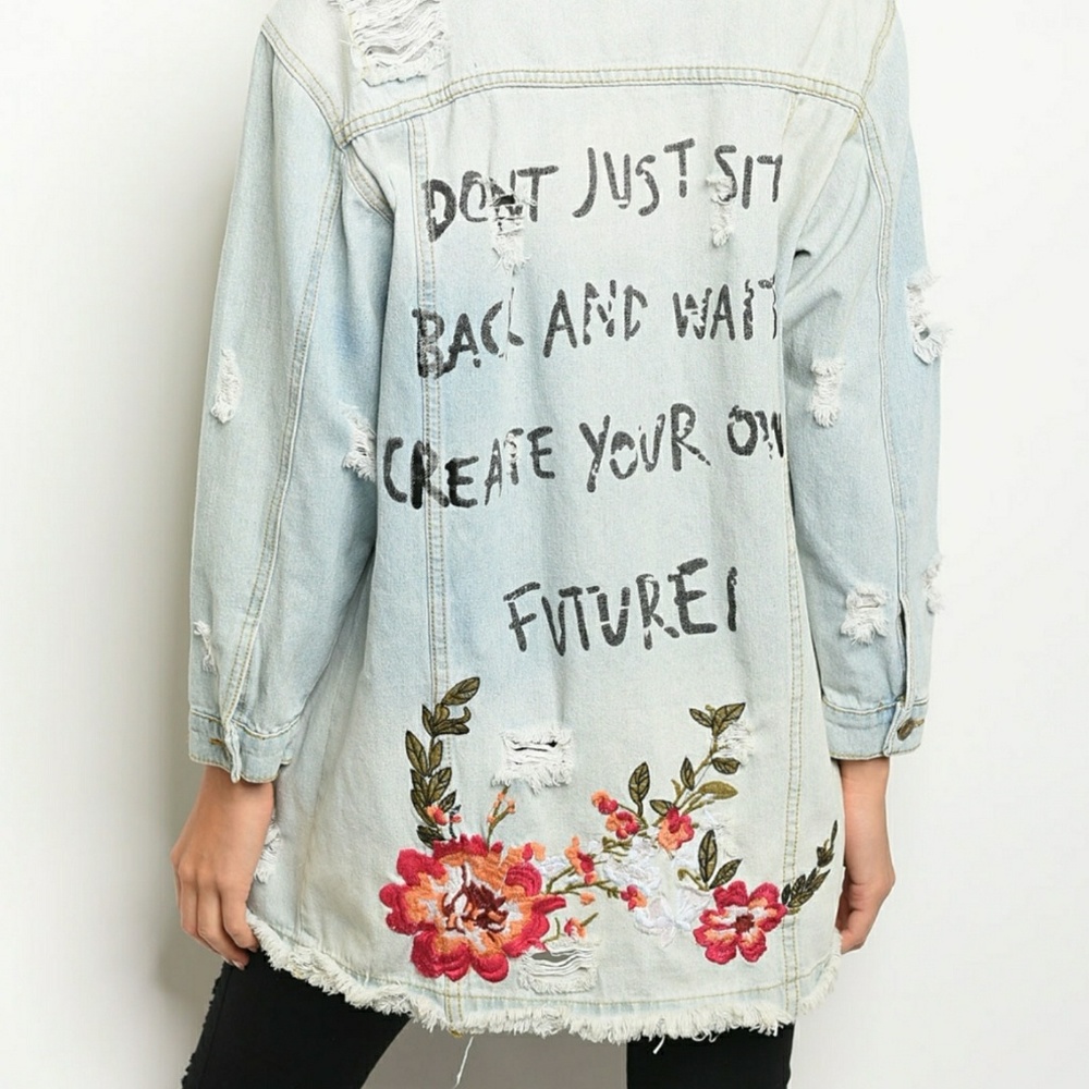 Last 2! Distressed Embroidered Denim Jean Jacket - Picture 4 of 5